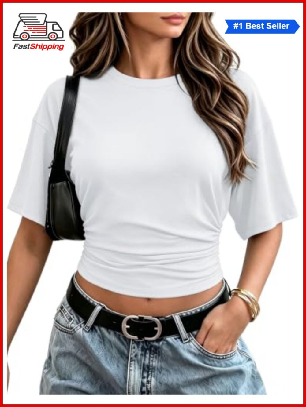 ✨ Sampeel Women's Batwing Short Sleeve Ruched Waist Crop Top T-Shirt